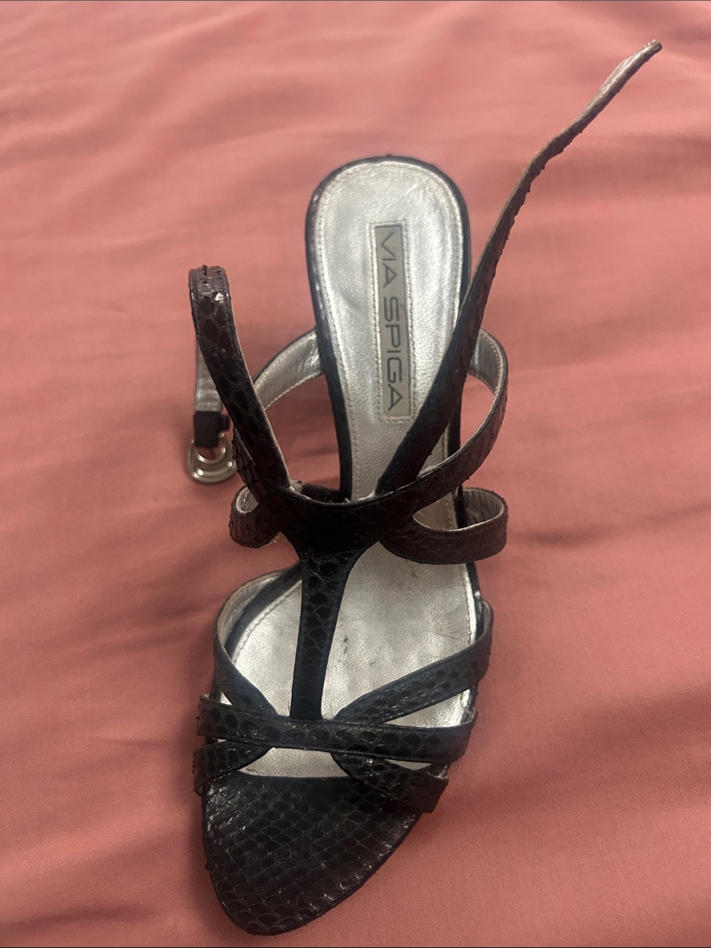 Via Spiga Black Snake-Embossed Strappy Heels with Silver Insole